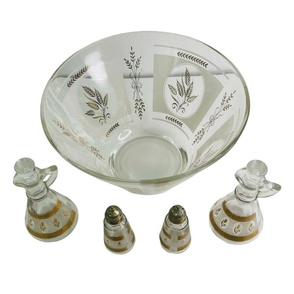 Anchor Hocking Salt & Pepper, Hazel Atlas Bowl, Brockway Cruet Set Gold Wheat - Picture 2 of 12